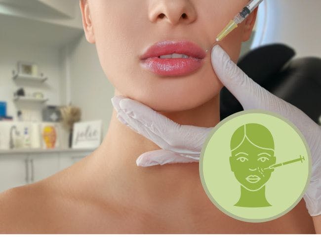 Woman getting dermal lip filler injection