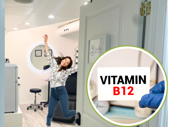Woman jumping with energy with a “Vitamin B12” text bubble on the right side