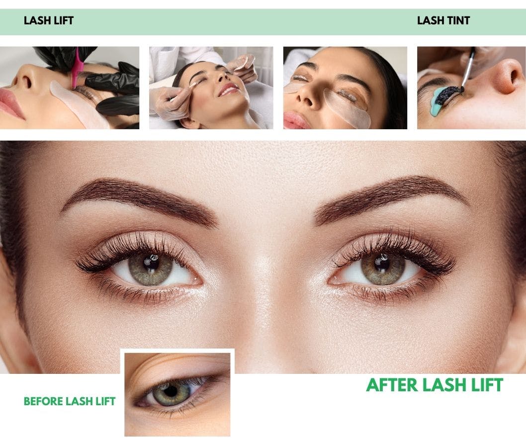 Panels of eyelash lifting and tinting service and eyes with eyelash lift service in the middle