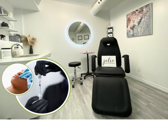 Jolie Medical Aesthetic room with a round a picture of a lady getting injected with a Dermal Fillers